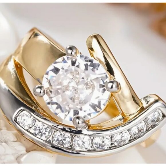 18k Gold Electro-Plated 2 Carat - Two-Tone Lab Created Cubic Zirconia Diamond - Picture 2 of 4